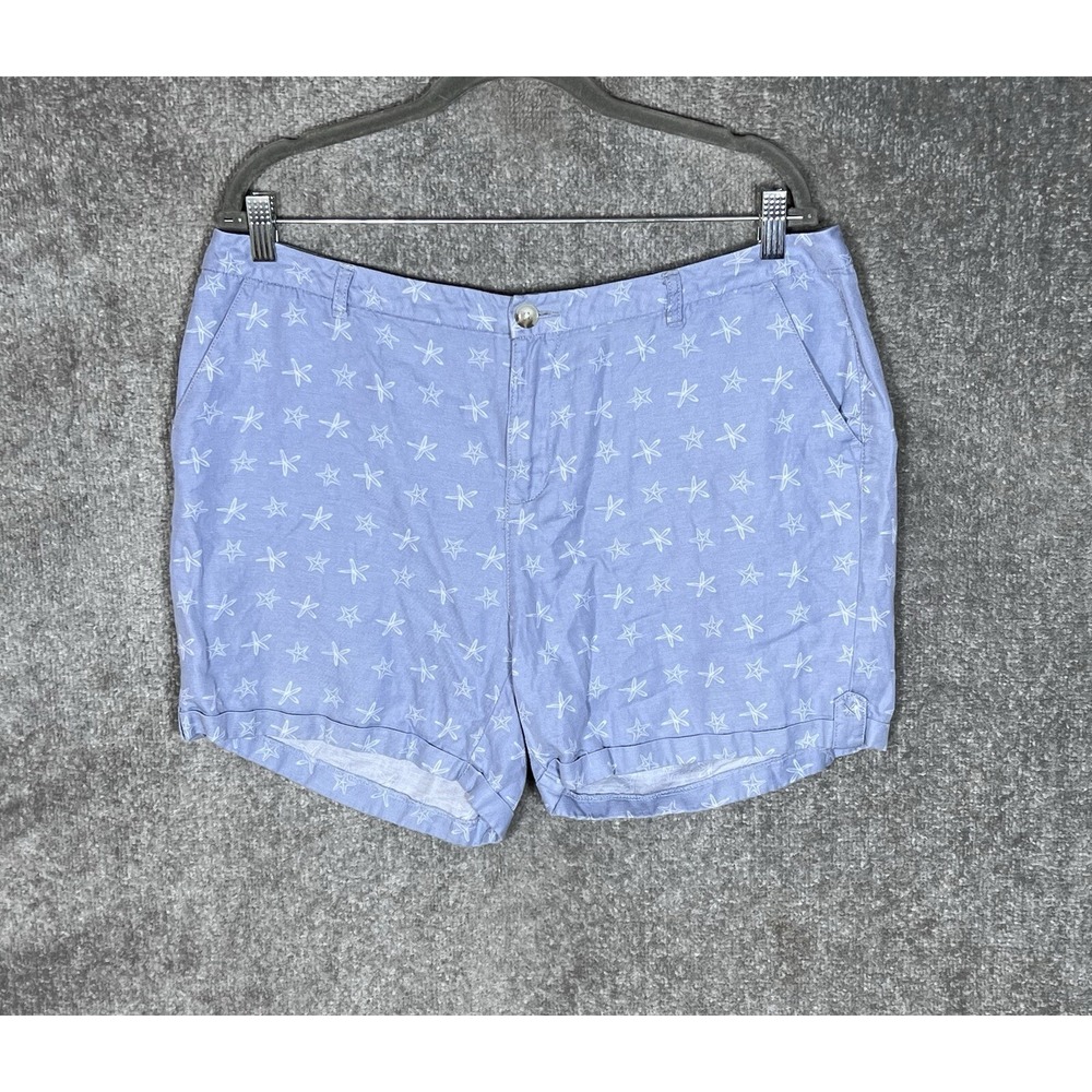 Le Tigre Shorts Womens Sz‎ 14 Blue Linen Blend Starfish Print Cuffed Hem Pockets